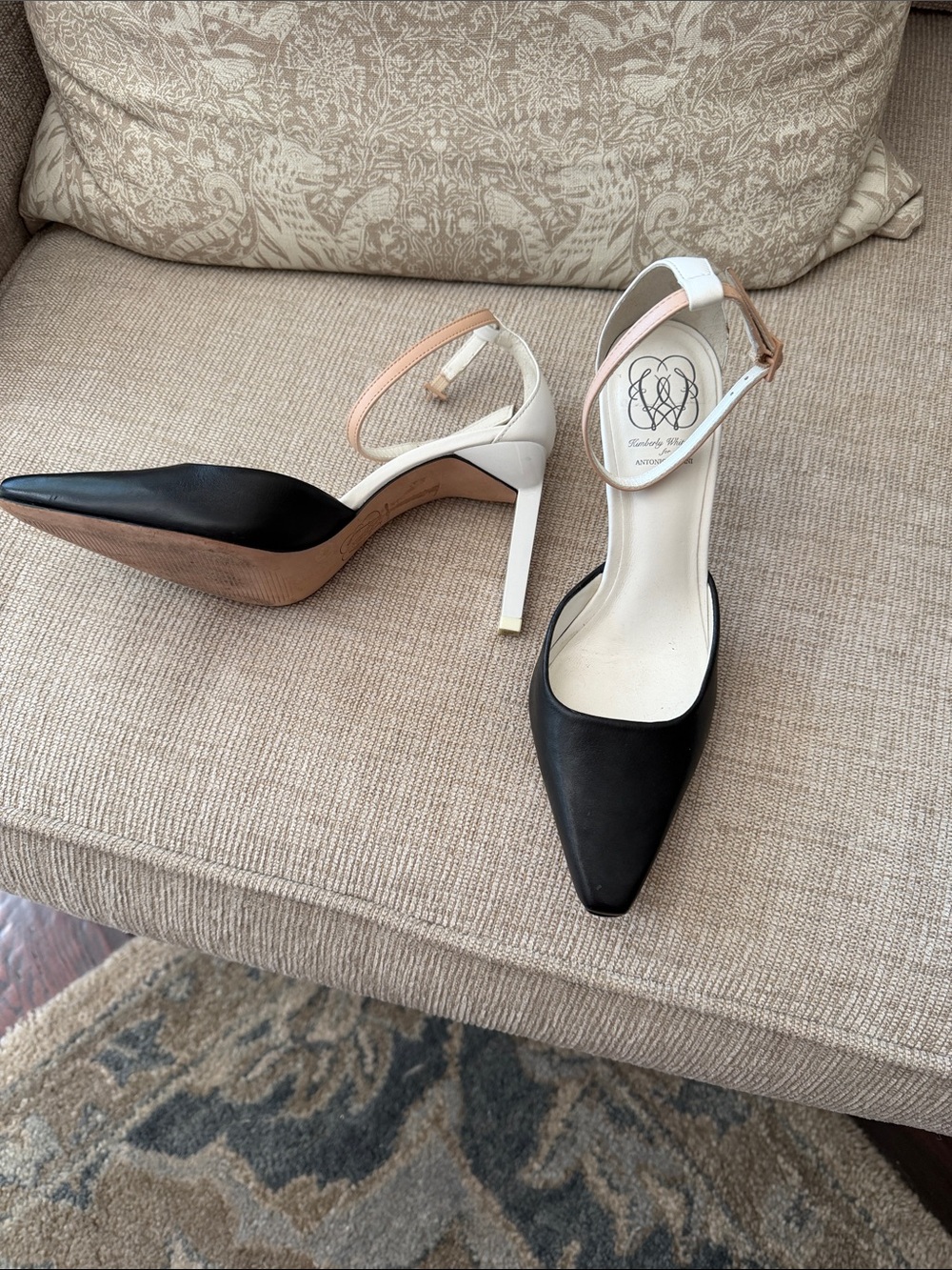 ANTONIO MELANI Two-Tone Pointed Toe Ankle-Strap Pumps in Black, White and Blush